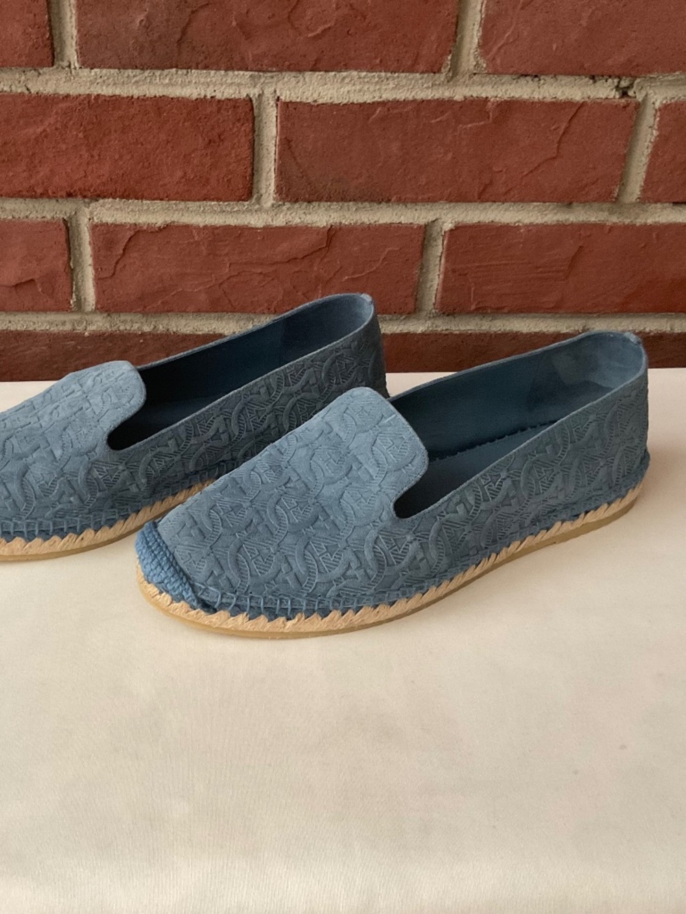 Salvatore Ferragamo Light Blue Suede Embossed Logo Espadrilles Size 9.5